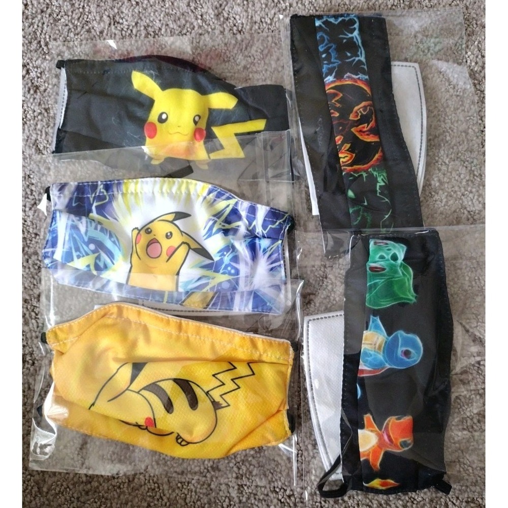 5 PACK KIDS FACE MASKS Pokémon Pikachu(3) and 2 Other New W/ Filters Reusable